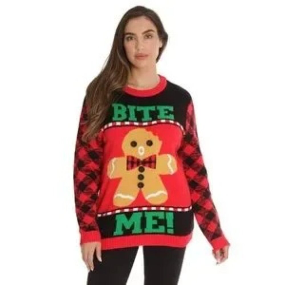 Festive Ugly Christmas "Gingerbread Bite Me" Sweater - Size Medium